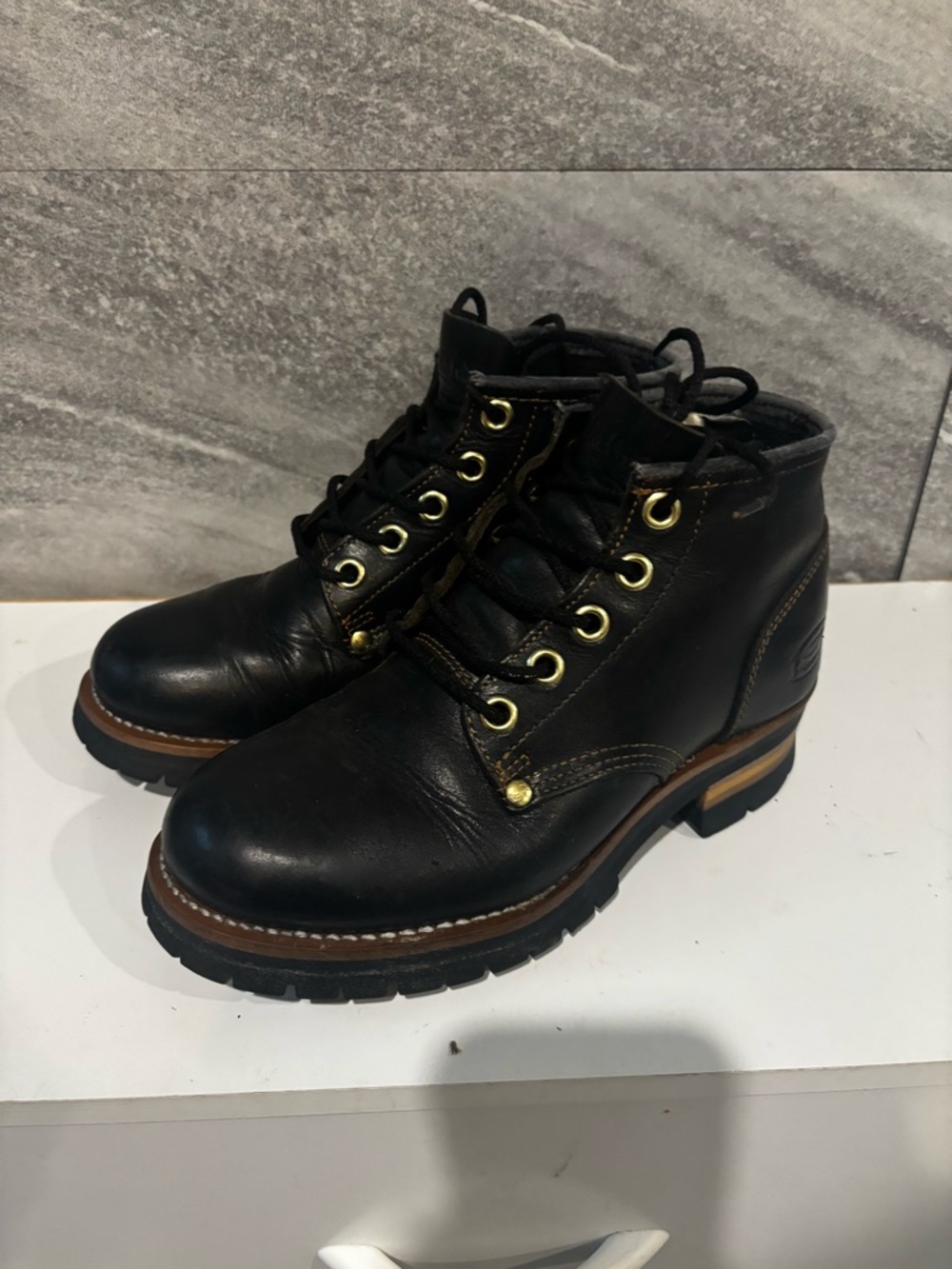 Black Lace-Up Leather Work Boots for men by sketchers vintage